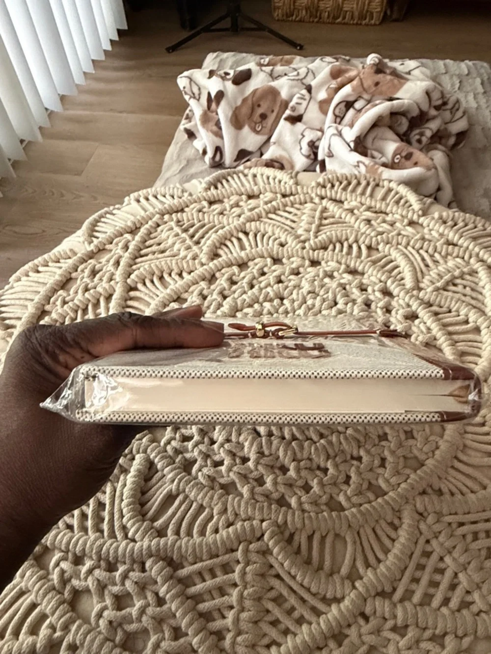NEW Miu Miu Beige Textured Notebook Cover with Brown Trim, Wrapped
